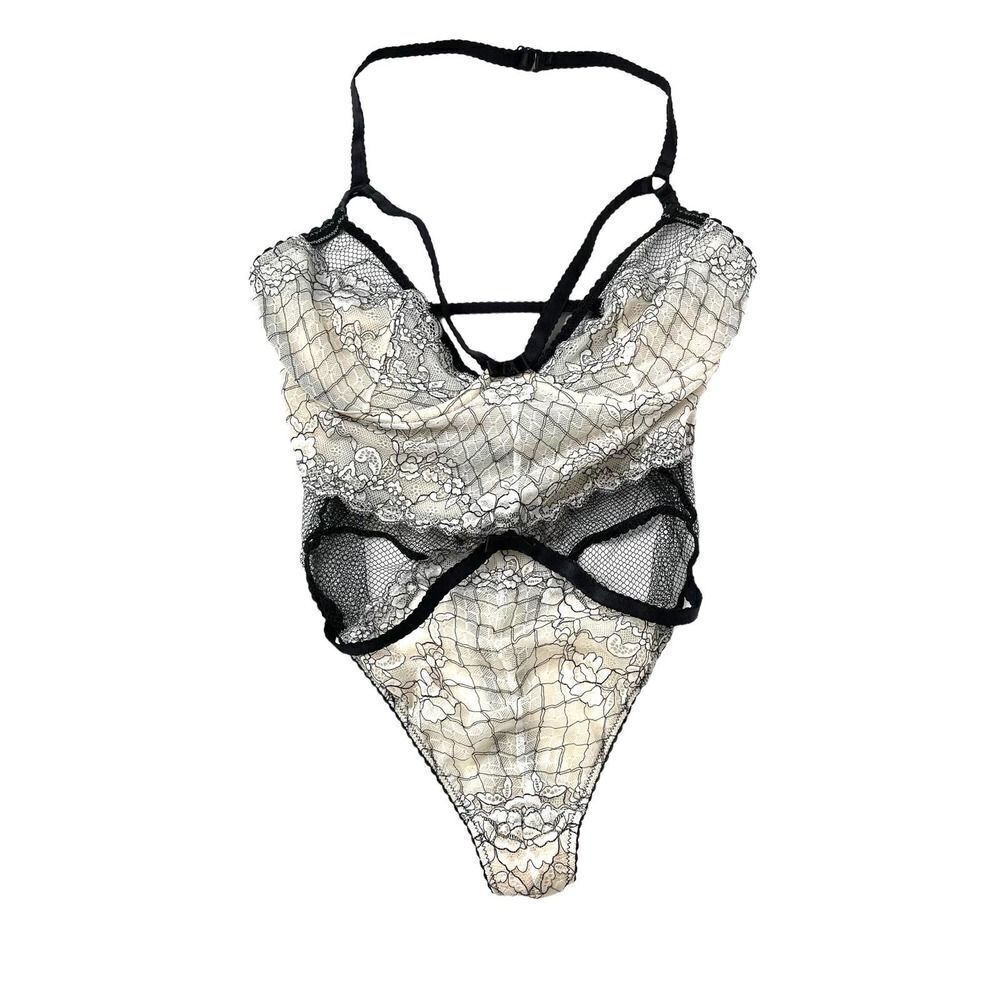 Victoria Secret lace sexy‎ strappy bodysuit Sz 34D black cream mesh cutout